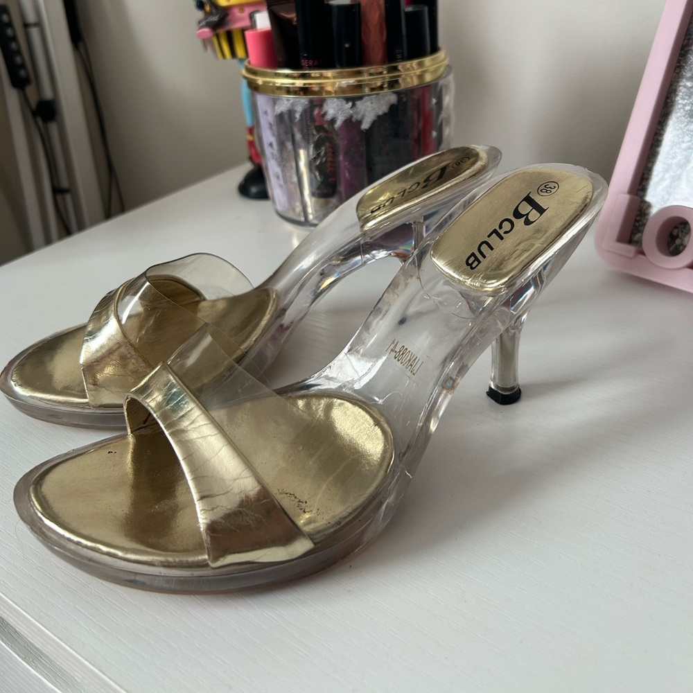 Women's Gold Clear Heeled Slide Sandals